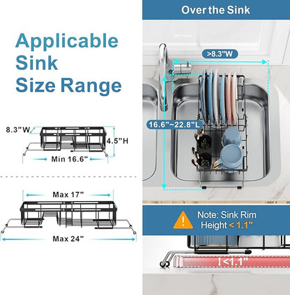 iSPECLE Expandable Small Sink Dish Drying Rack - Adjustable Capacity (13''-16.9''L) and Legs Over The Sink Dish Drainer Drying Rack for Kitchen Sink and Counter, Dish Rack with Utensil Holder, Black