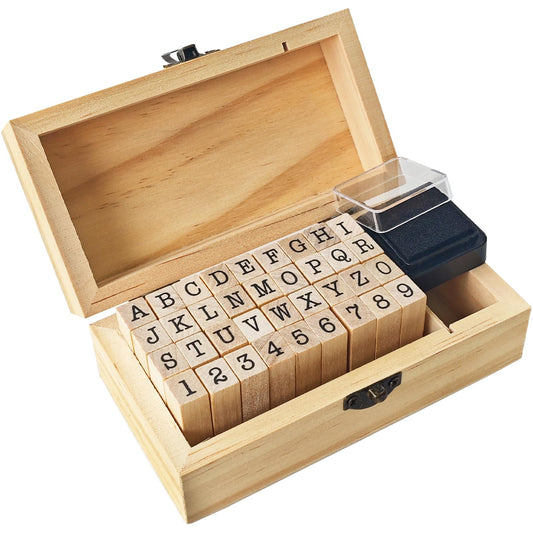 OJYUDD 70Pcs Wooden Rubber Alphabet Letter Number Stamps, Rectangular, Capital & Lower Case, DIY Craft Card Making, Scrapbooking Supplies (Dark Wooden)