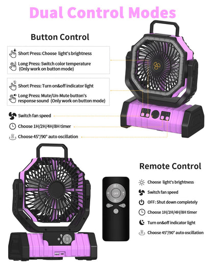 Adust Camping Battery Operated Powered Fan With Led Lantern Light Portable 20000Mah Rechargeable Oscillating Fan With 360 Rotati