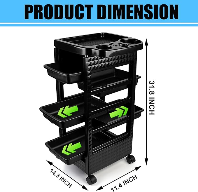 Salon Trolley Cart with Wheels & 5 Drawers, Salon Rolling Stations for Hair Stylist,Hairstylist for Beauty Tattoo Hairdressing Beauty Equipment, Black (T22-5DRAWER)