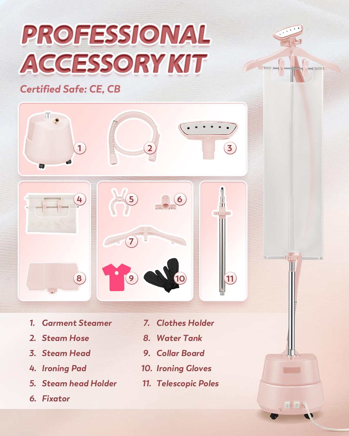 Hapyvergo Standing Garment Steamer with Ironing Pad, 2200W Steamer for Clothes, 3L Tank, 70-Min Continuous Steam, 40s Fast Heating, Adjustable Height, Drain Port Design, Universal Wheels, Pink