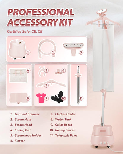 Hapyvergo Standing Garment Steamer with Ironing Pad, 2200W Steamer for Clothes, 3L Tank, 70-Min Continuous Steam, 40s Fast Heating, Adjustable Height, Drain Port Design, Universal Wheels, Pink