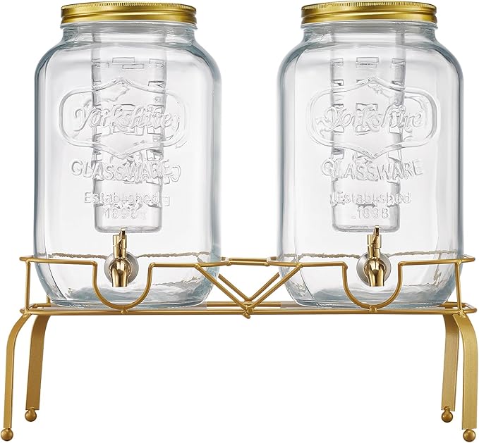 VEVOR Beverage Dispenser, 2 Pack 2 Gallon Drink Dispensers for Parties, Glass Juice Dispenser with Metal Stand, Stainless Steel Spigot, Infuser, Iced Tea Lemonade Juice Water Dispensers for Parties
