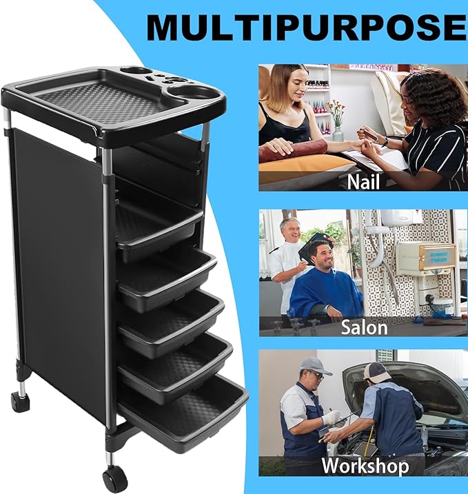 Salon Trolley Cart with Wheels & 5 Drawers, Salon Rolling Stations for Hair Stylist,Hairstylist for Beauty Tattoo Hairdressing Beauty Equipment, Black (T28-5DRAWER)