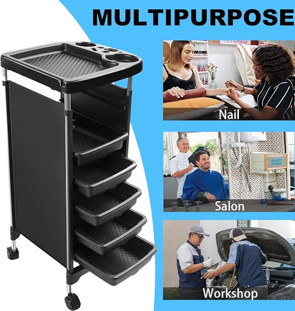 Salon Trolley Cart with Wheels & 5 Drawers, Salon Rolling Stations for Hair Stylist,Hairstylist for Beauty Tattoo Hairdressing Beauty Equipment, Black (T28-5DRAWER)