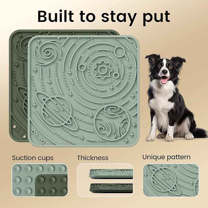 OHMO Lick Mat for Dogs and Cats(Small, Camo&Light Green, 2pcs) Enrichment Accessories Toy Space Star Easy Clean Pet Slow Feeder/Suction Cups, Licking Pad for Anxiety Relief and Boredom Reduction