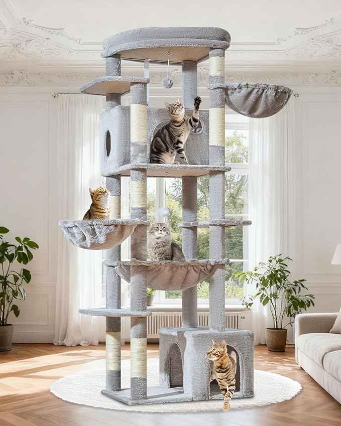Taoqimiao 72 Inch Cat Tree, XXL Cat Tower for Indoor Cats Large Adult 25Lbs+, Extra-Large Platform, 2 Cat Houses, 7 Scratching Post, Extra-Sized Durable Hammock, Cozy Basket, Light Gray, F20W