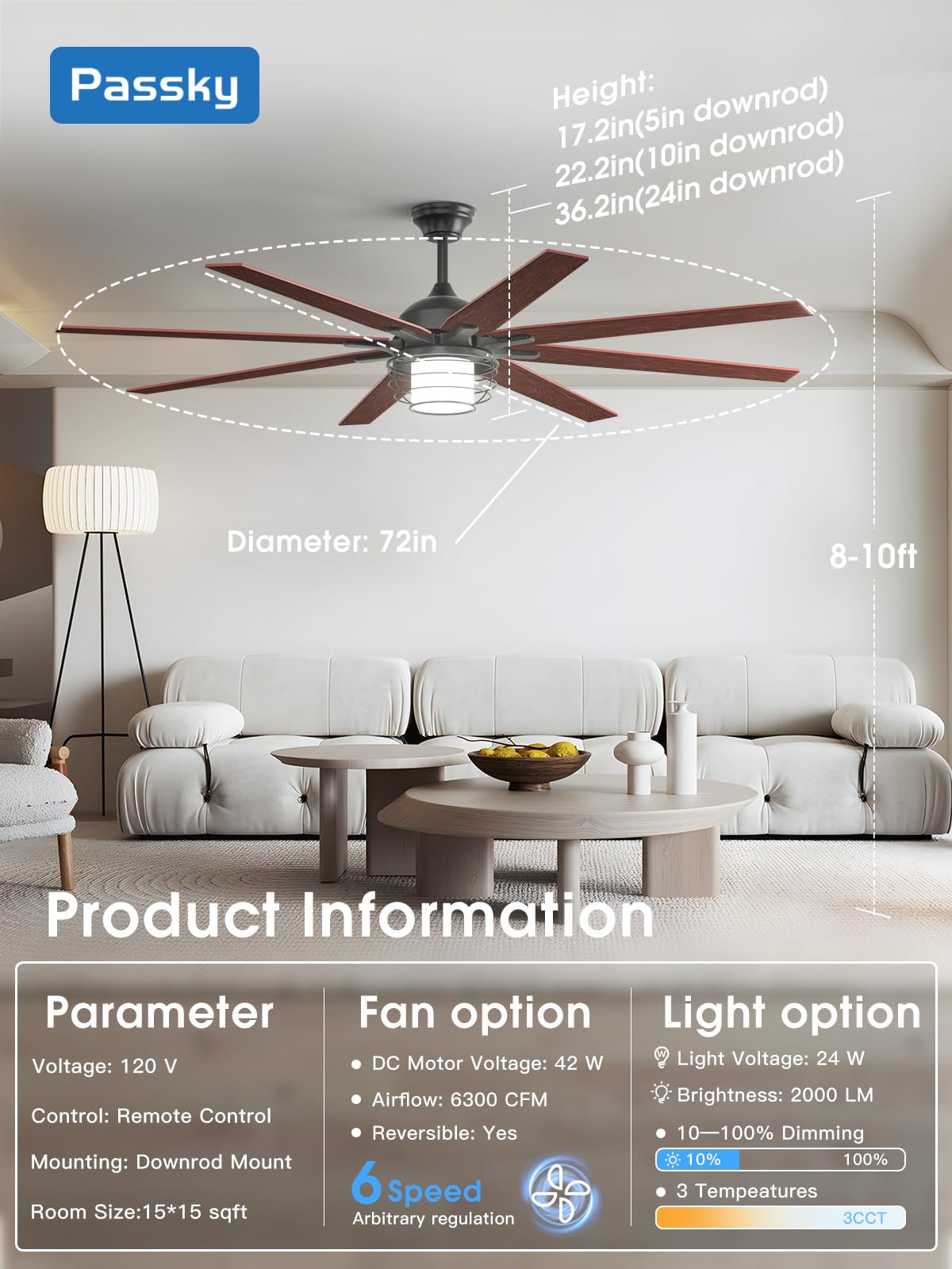 Passky Ceiling Fans With Lights, 72 Inch Black Ceiling Fan With Light And Remote Control, Reversible, Dimmable, 3Cct, Quiet, Cag