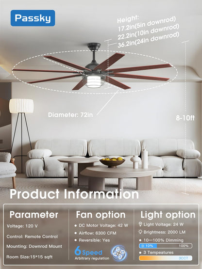 Passky Ceiling Fans With Lights, 72 Inch Black Ceiling Fan With Light And Remote Control, Reversible, Dimmable, 3Cct, Quiet, Cag