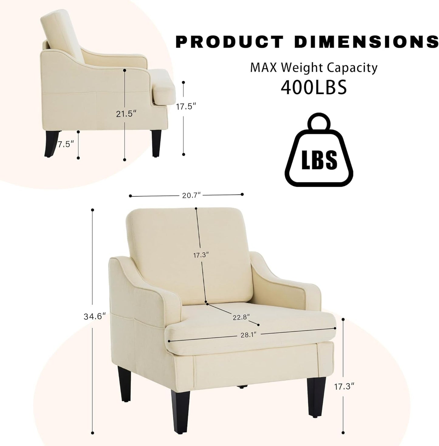 Accent Chair for Living Room,Mid-Century Arm Chair Fabric Living Room Chairs,Upholstered Reading Chair for Bedroom,Single Sofa Chair with Wood Legs for Apartment (Beige)