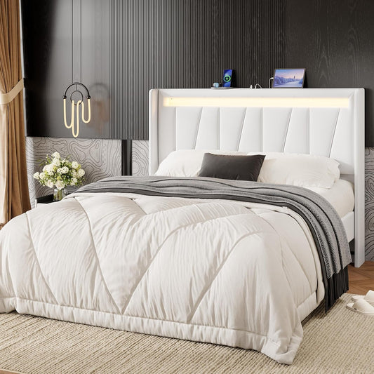 Full Size Bed Frame with Charging Station and LED Lights, Modern Velvet Platform Bed with Upholstered Geometric Wingback Headboard, No Box Spring Needed, Easy Assembly, White