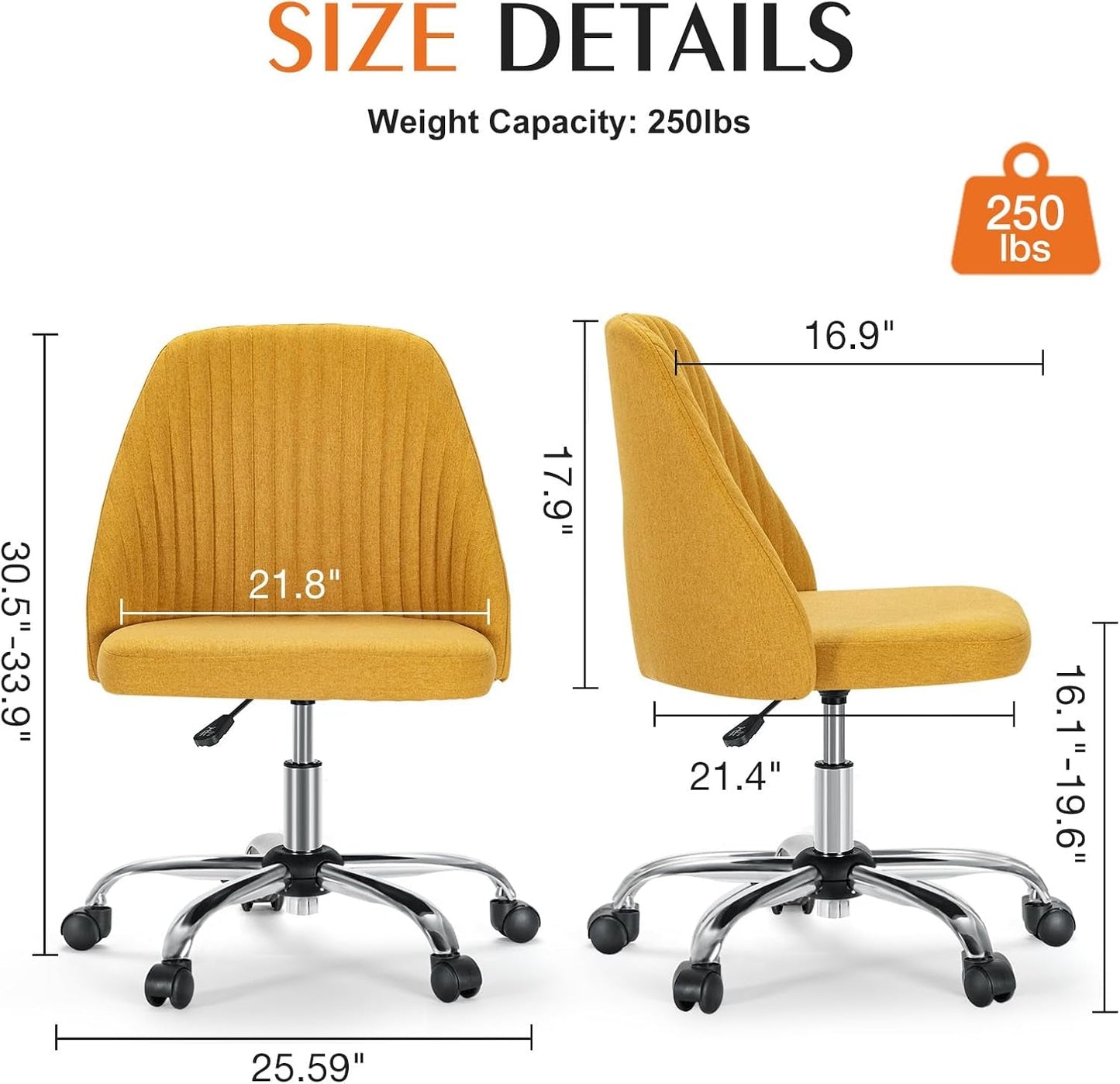 Armless Vanity Chair, Cute Comfy Home Office Desk Chair with Wheels, Modern Upholstered Task Computer Seat for Bedroom, Study, Makeup Vanity, Height Adjustable & Swivel, Yellow