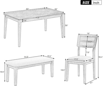 6 Pieces Dining Table Set with Bench, Rectangle Dining Table with 4 Upholstered Chairs & a Bench, Kitchen Table Chairs Set for 6 Persons, Wood Dining Room Set - White+Gray