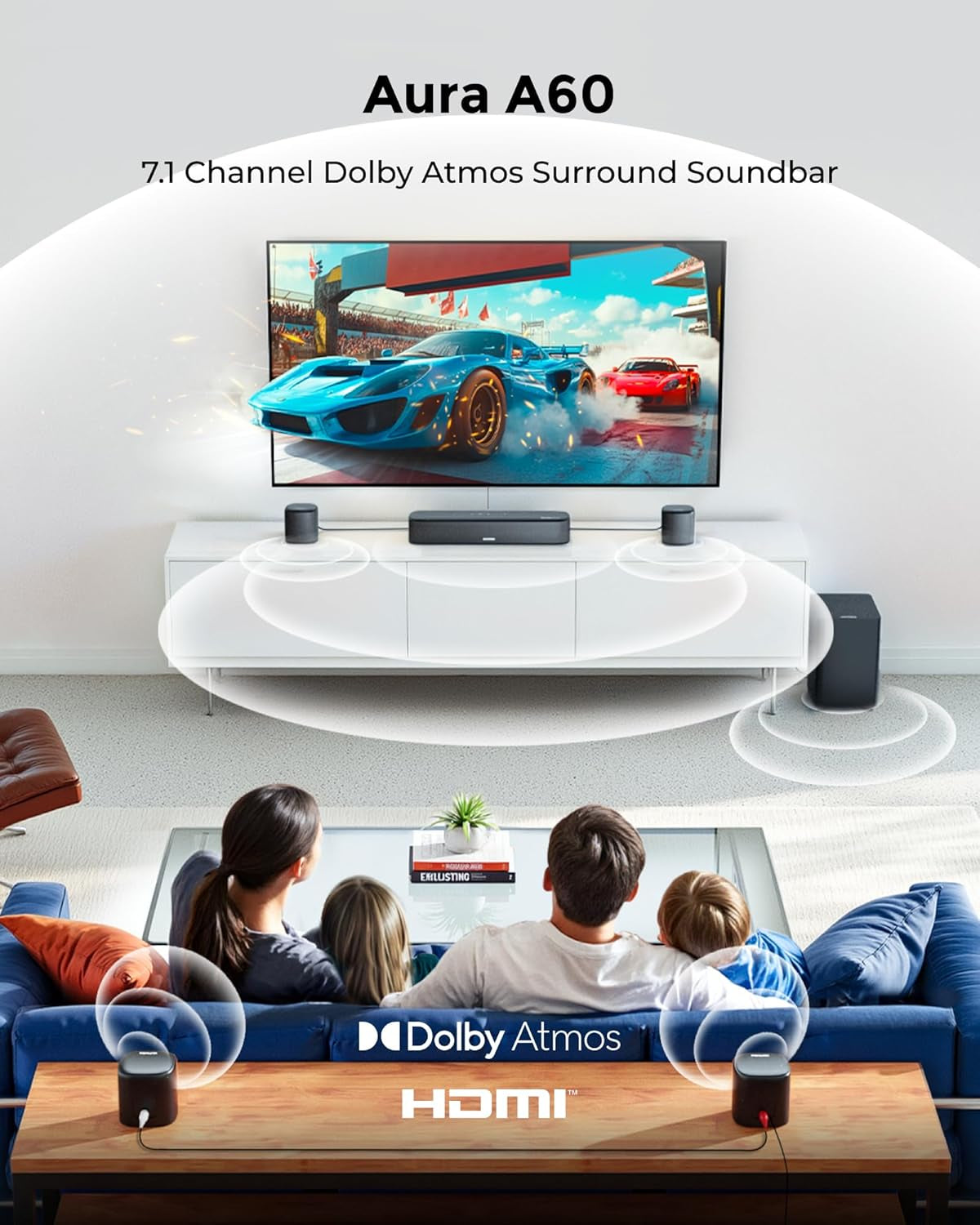 7.1Ch Sound Bar with Dolby Atmos, Surround Sound System for TV with 4 Surround Speakers, Sound Bar for Smart TV with App Control, Soundbar with Subwoofer for Home Theater, HDMI Earc, Aura A60