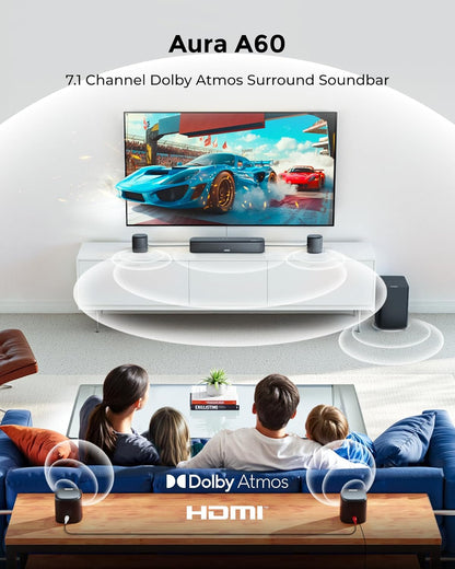 7.1Ch Sound Bar with Dolby Atmos, Surround Sound System for TV with 4 Surround Speakers, Sound Bar for Smart TV with App Control, Soundbar with Subwoofer for Home Theater, HDMI Earc, Aura A60