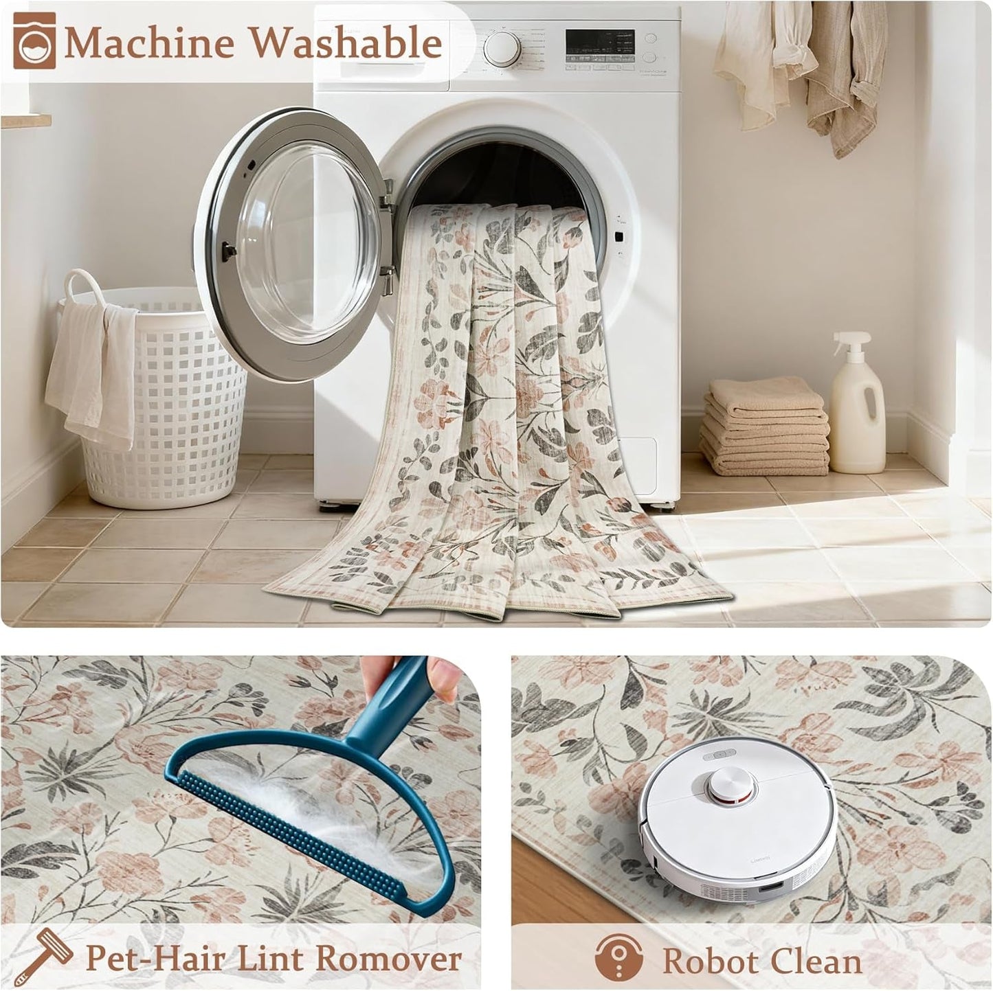 8X10 Area Rugs Washable Rug: Lagre Boho Living Room Rug Soft Non-Slip Thin Carpet Indoor Floor Non-Shedding Neutral Floral Carpets for Bedroom Dining Room Farmhouse Nursery Pink