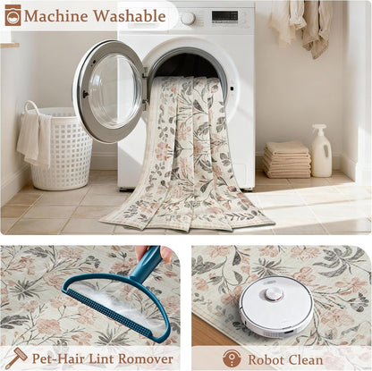 8X10 Area Rugs Washable Rug: Lagre Boho Living Room Rug Soft Non-Slip Thin Carpet Indoor Floor Non-Shedding Neutral Floral Carpets for Bedroom Dining Room Farmhouse Nursery Pink