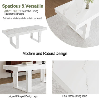 White Marble Extendable Dining Room Table for 8 10, 70.9" (86.6") X 31.5", Rectangle Dinner Table for 6-10, Modern Expandable Retractable Kitchen Table (White)