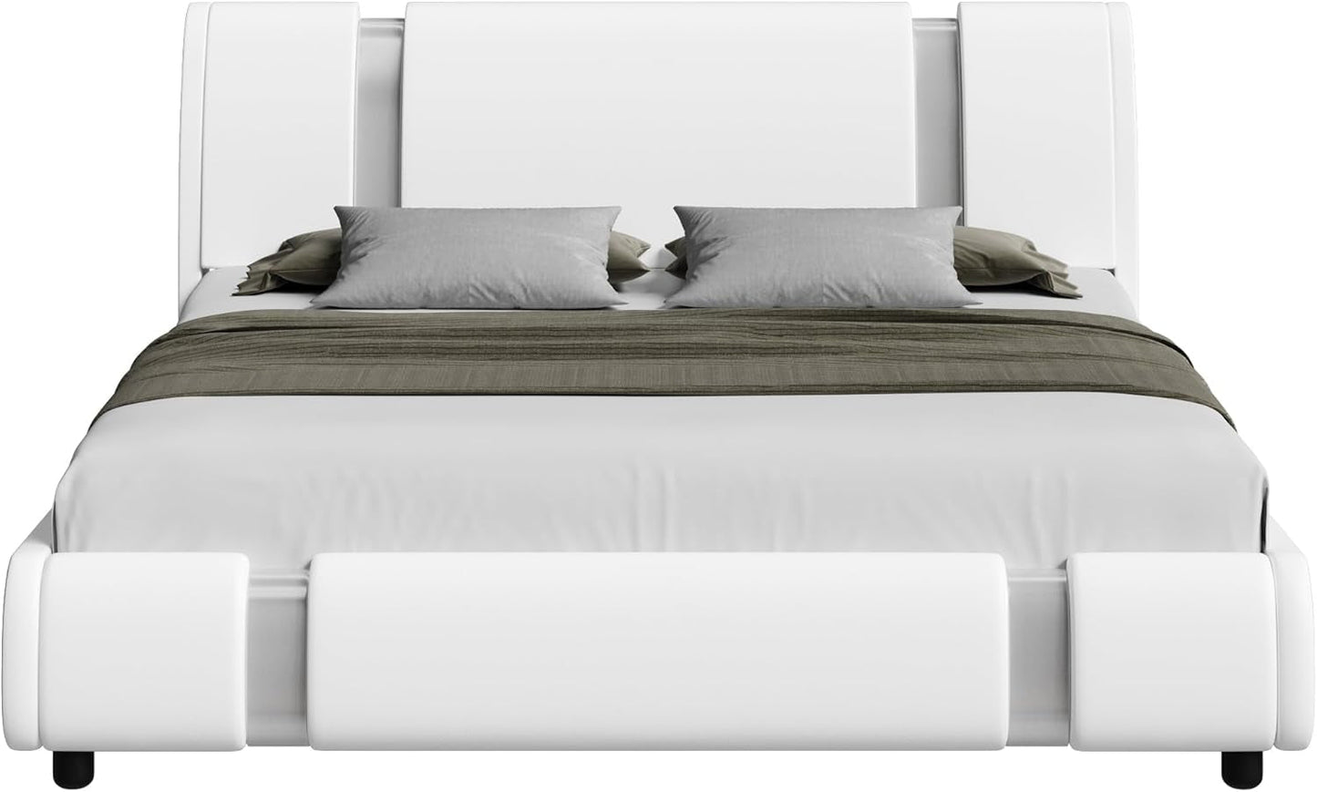 Modern Faux Leather Upholstered Platform Bed Frame with Mirror Metal Decoration Headboard, Curved Headboard, Wooden Slats Support, No Box Spring Needed, Queen Size, White