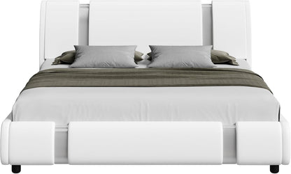 Modern Faux Leather Upholstered Platform Bed Frame with Mirror Metal Decoration Headboard, Curved Headboard, Wooden Slats Support, No Box Spring Needed, Queen Size, White