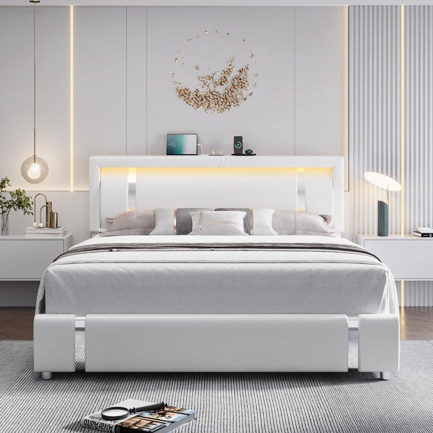 Queen Bed Frame with RGB LED Lights Headboard & 2 Storage Drawers, Modern Upholstered Faux Leather Smart Platform Iron Metal Decor, USB USB-C Charging Ports, No Box Spring Needed, White