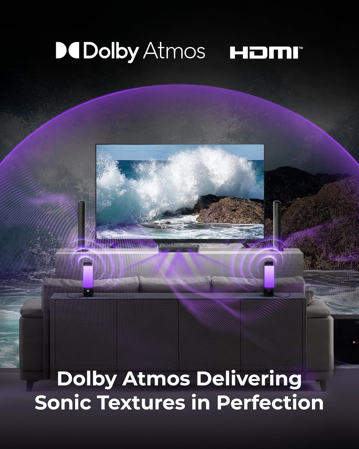 9.1Ch Surround Sound System with Dolby Atmos, 2 Rear Speaker, 6.5" Wireless Subwoofer, RGB Light, App, Detachable Surround Sound System for Home Theater, Peak Power 470W, HDMI Earc, Apollo S90