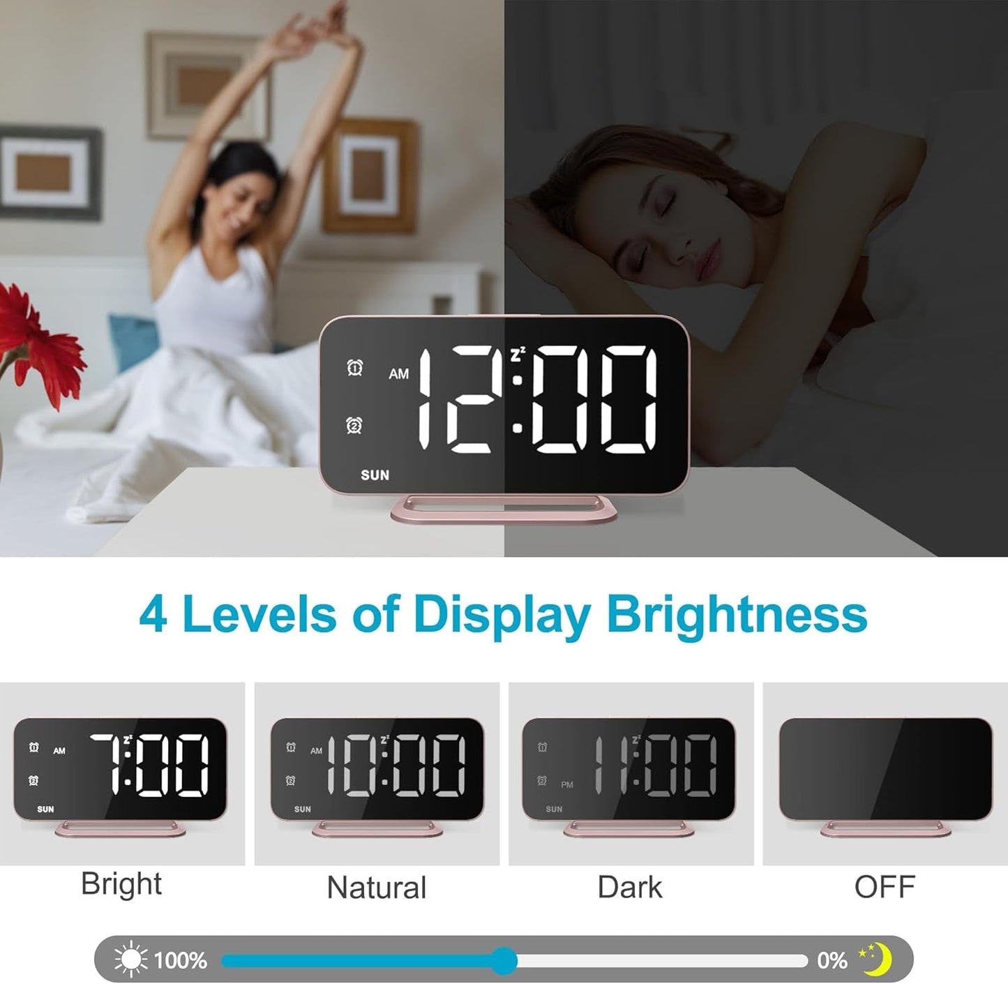 Home Deccor - Slim LED Digital Alarm Clock, Mirror Surface for Makeup, with Diming, Large Display, Easy Setting, USB Ports, Modern Decor for Bedroom, Desk, Christmas, Birthday Idea Gift for Women, Sister, Mom, Pink