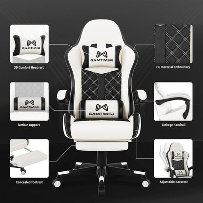 Office Chair, 400 Lbs Adult Chair, High Back Computer Chair with Footrest and Linked Armrests, Office Video Game Chair with Lumbar Support (White)