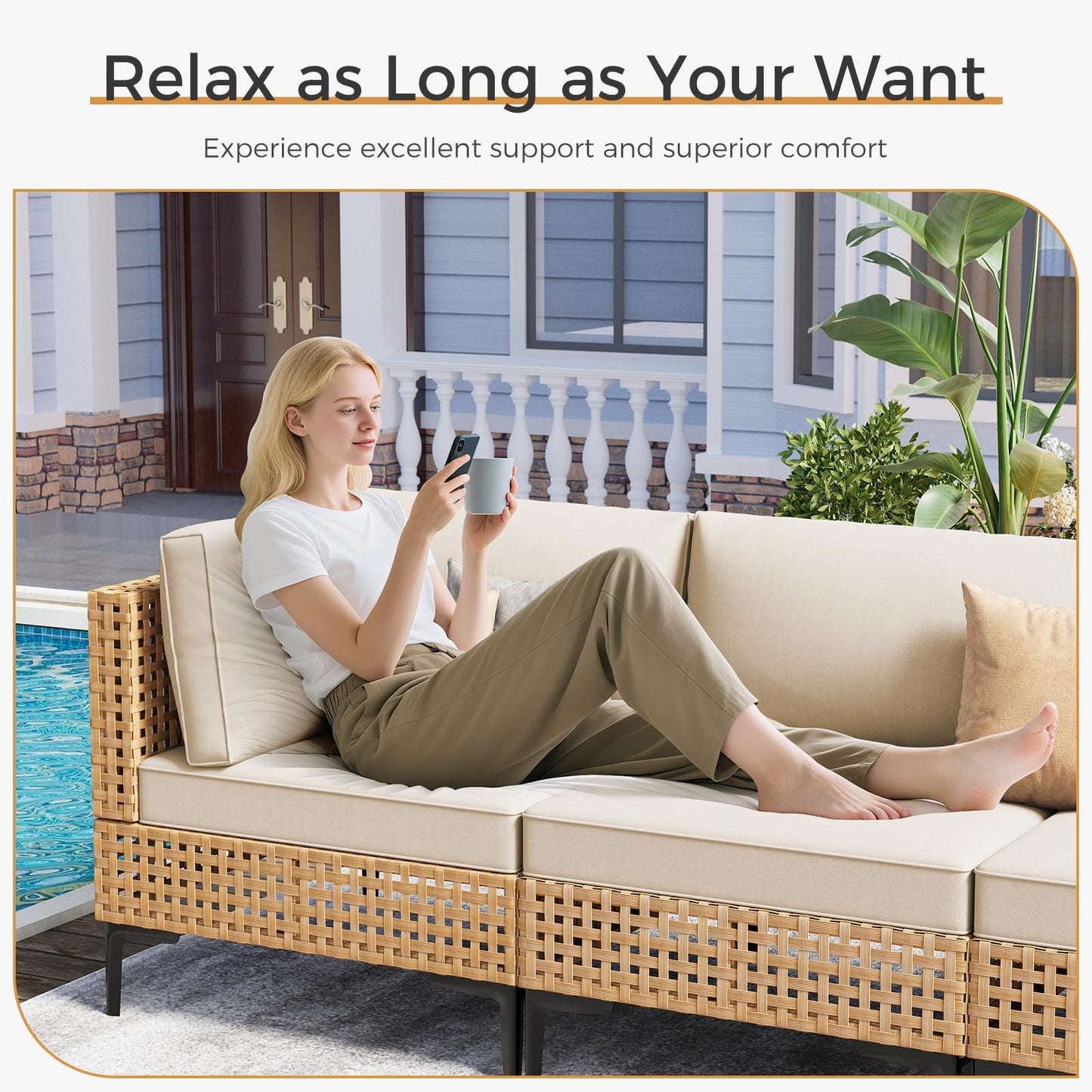 ABCASA Patio Furniture Set, 110" Large 7-Piece Wicker Outdoor Patio Furniture Sets with Coffee Table,Boho Patio Conversation Set Sectional Sofa with All-Weather Cushions for Backyard,Porch,Beige