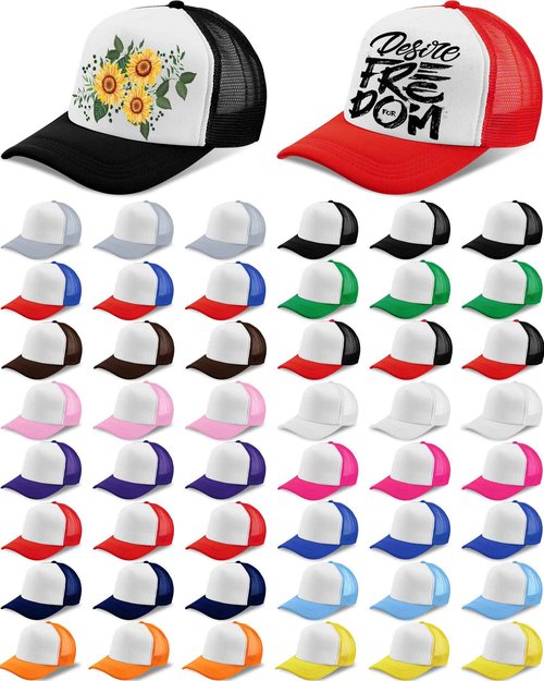 Didaey 48 Pcs Sublimation Trucker Hat Bulk Unisex Blank Mesh Baseball Caps with 16 Colors DIY Adjustable Plain Polyester Colored Summer Trucker Caps for Men Women Embroidery Printing Outdoor Sports