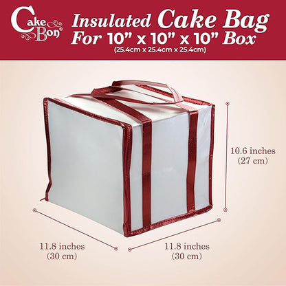 Cakebon Cake Box and Boards, 10-Inch Round Gold Smooth Edges 1/2- Inch Thick Drums with Insulated Bag and Ice Pack – Cake Transport Set, Cooler for Cake Delivery and Transport (1pc Each, 4pcs Total)