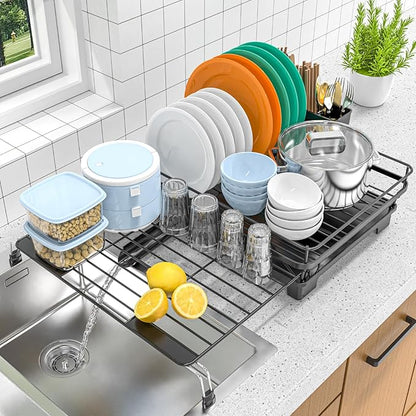 Extendable Dish Racks 16.3"-21.6" L x 16.7" W,Stainless Steel Dish Drying Rack for Kitchien Counter, Anti-Rust Dish Strainer with Cutlery Holde