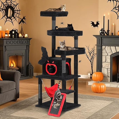 YITAHOME Gothic Cat Tree with Coffin Bed, 63" Tall Cat Tower for Indoor Cats with Top Perch, Spacious Cat Condos, Spider Hanging Balls,Comfy Hammock, Scratching Post and Ladder, Black Halloween