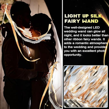 Unittype Wedding Wands Ribbon Streamers with Bells LED Fairy Light up Silk Fairy Wand Glow in the Dark Flashing Lace Stick for Wedding Birthday Party Favors (Champagne & Warm White LED,48 Pieces)