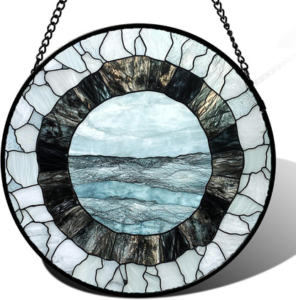 Stained Glass Window Hanging - Abstract Sea Surface Suncatcher for Doors Garden Patio Round Sun Catchers Decor Christmas Mother's Day Birthday Gifts for Women Men Mom Nana Friend 6.3 in
