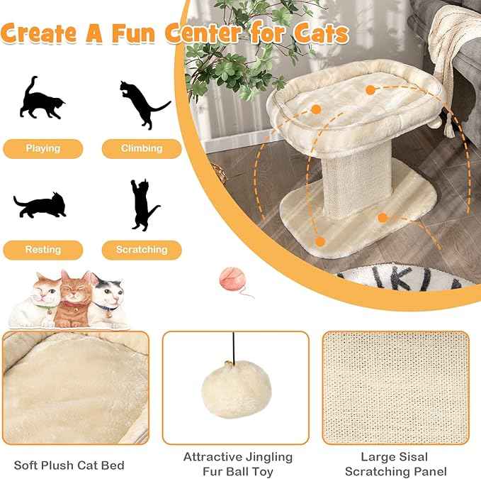 Tangkula Cat Tree for Indoor Cats, 2-Tier Cat Tower with Top Perch & Sisal Scratching Panel & Jingling Fur Ball Toy, Cozy Cat Bed with Scratching Post, Modern Small Kitten Activity Center (Beige)