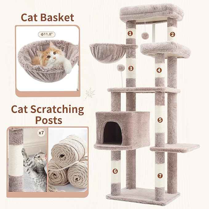 Cat Tree for Indoor Cats, 55.1 inch Cat Tower with 7 Sisal Scratching Posts, Multi-Level Cat Condo wit Large Play Platform Furry Ball, Cat Cave, 2 Padded Perches, Basket, Mushroom GCT013MU