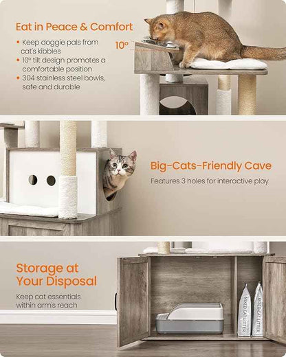 Feandrea Cat Tree, 66.9-Inch Cat Tower with Litter Box Enclosure, Large Condo with Food Station, Storage, Scratching Posts, Cave, Hammock, Washable Cushions, Heather Greige UPCT169K02
