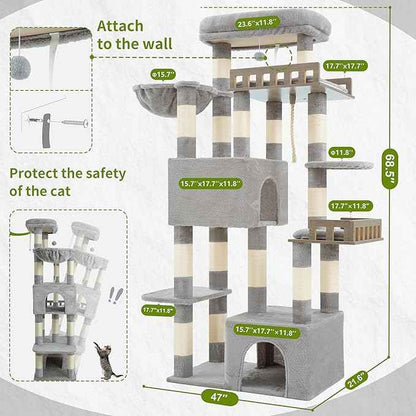 Maine Coon Cat Tree, Heavy Duty Cat Tree for Indoor Cats Large Adult, Cat Tower for Large Cats 20 lbs+ with Hammock, 2 Big Perches, 2 Cat Condos, 15 Scratching Posts, Light Gray GCT033W