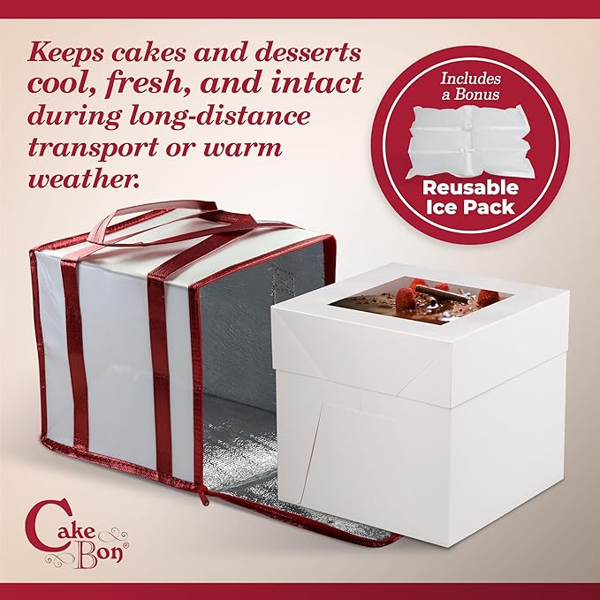 Cakebon Cake Box and Boards, 10-Inch Round Gold Smooth Edges 1/2- Inch Thick Drums with Insulated Bag and Ice Pack – Cake Transport Set, Cooler for Cake Delivery and Transport (1pc Each, 4pcs Total)