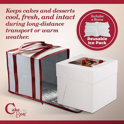 Cakebon Cake Box and Boards, 10-Inch Round Gold Smooth Edges 1/2- Inch Thick Drums with Insulated Bag and Ice Pack – Cake Transport Set, Cooler for Cake Delivery and Transport (1pc Each, 4pcs Total)