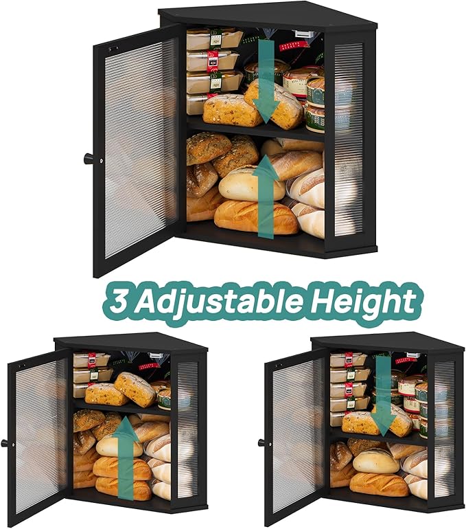 Corner Bread Box for Kitchen Counter, Bamboo Wood Large Capacity Bread Storage Bin with Acrylic Wavy Door Panel (Black, Extra Large)