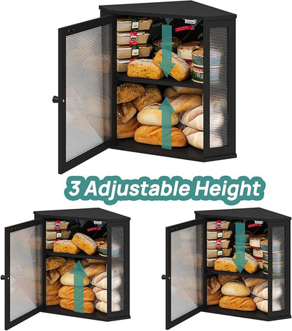 Corner Bread Box for Kitchen Counter, Bamboo Wood Large Capacity Bread Storage Bin with Acrylic Wavy Door Panel (Black, Extra Large)