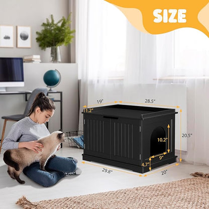 Zeny Cat Litter Box Enclosure, Wooden Cabinet with Divider, Modern Storage Bench, Fit Most Litter Box (Black)