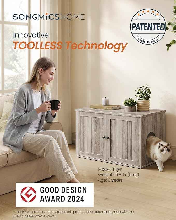 SONGMICS Home Litter Box Enclosure, Superfast Toolless Assembly, Cat Litter Box Furniture, Push-to-Open Doors, Indoor Cat House, Greige UPCL233LK02S