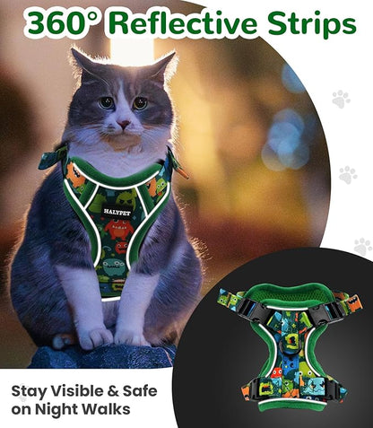 Halypet Cat Harness and Leash Set for Walking, Escape Proof Adjustable Vest Harness with 3-in-1 Integrated Buckles, Easy Control Soft Breathable Mesh with Reflective Strips for Cats, M, Green Monster