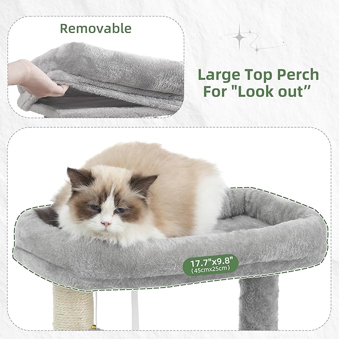 51.2'' Cat Tree Tower, Cat Tower with Scratching Post, Sturdy Steel Pube Cat Tree for Inoor Cats Large Adult, Cat Hammock and Basket, Padding Top Platform, Light Gray GCT014W