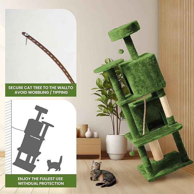58in Large Cat Tree Tower for Indoor Cats with Soft Plush Hang Ball, Two Condos, Sisal Scratch Posts & Rope Play for Kittens/Adult Cats, Green