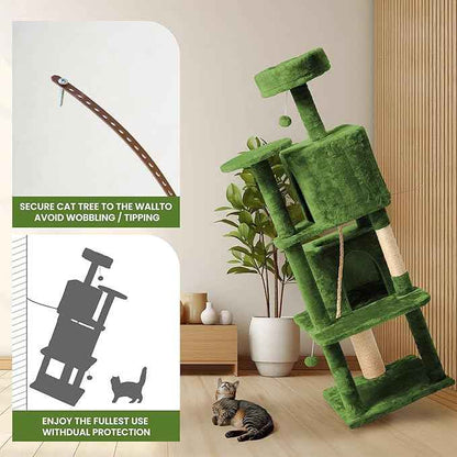 58in Large Cat Tree Tower for Indoor Cats with Soft Plush Hang Ball, Two Condos, Sisal Scratch Posts & Rope Play for Kittens/Adult Cats, Green