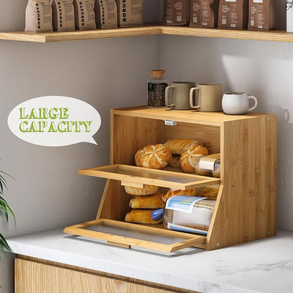 BMOSU Large Bread Box Double Layer Bamboo Bread Box for Kitchen Counter Container Farmhouse Bread Holder Capacity Bread Storage Bin(Natural)